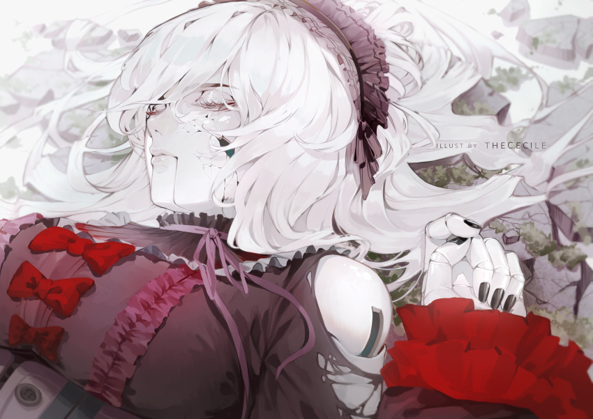 1girl absurdres artist_name black_nails bow closed_eyes closed_mouth colored_skin cracked_skin doll_joints dress english_text frilled_hairband frills hairband highres indie_virtual_youtuber joints jowol long_hair lying on_back red_dress solo the_cecile virtual_youtuber white_hair white_skin