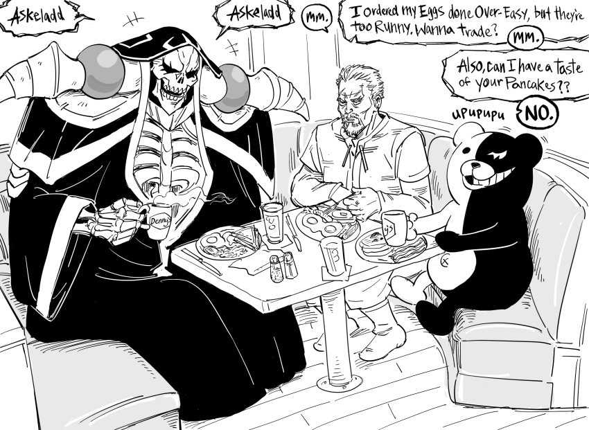 +++ 3boys ainz_ooal_gown askeladd bb_(baalbuddy) commentary couch crossover cup danganronpa_(series) denny's english_commentary english_text fried_egg greyscale highres holding holding_cup monochrome monokuma mug multiple_boys multiple_crossover overlord_(maruyama) parted_lips robe salt_shaker shirt sitting skeleton table vinland_saga