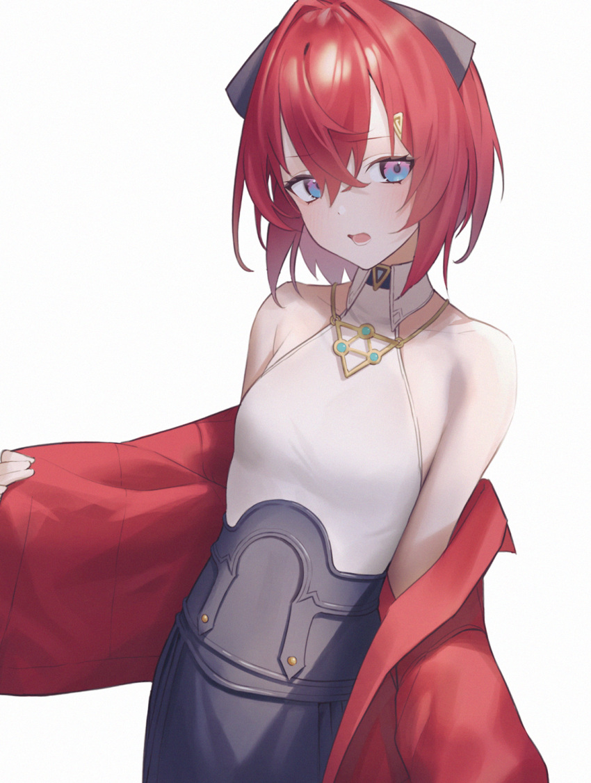 1girl ange_katrina bangs bare_shoulders black_skirt blue_eyes breasts collared_shirt commentary_request eyebrows_visible_through_hair hair_between_eyes hair_ornament high-waist_skirt highres jacket jewelry long_sleeves looking_at_viewer necklace nijisanji off_shoulder open_clothes open_jacket open_mouth red_jacket redhead shirt simple_background skirt sleeveless sleeveless_shirt solo standing virtual_youtuber white_background white_shirt yaye