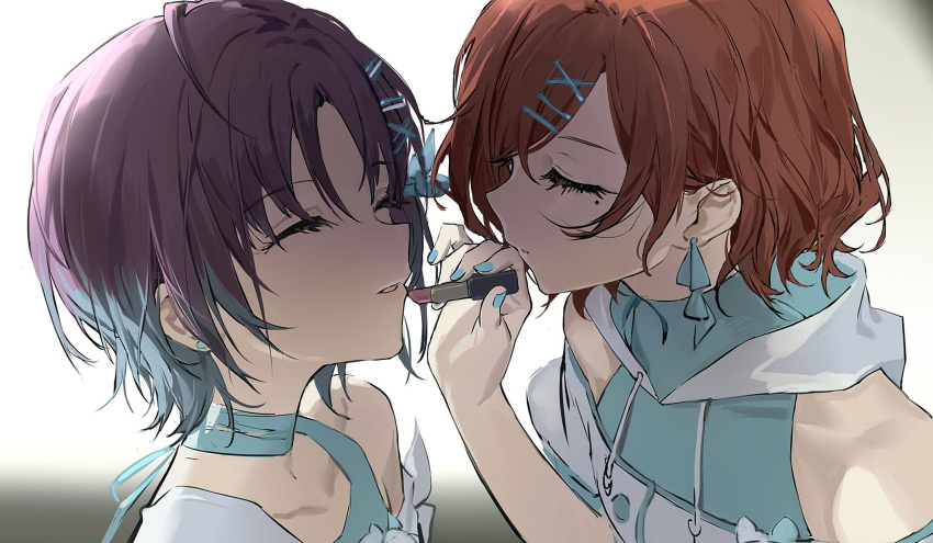 2girls applying_makeup aqua_hair aqua_nails asakura_tooru bangs brown_hair cosmetics earrings eyebrows_visible_through_hair gradient_hair hair_ornament hairclip highres higuchi_madoka idolmaster idolmaster_shiny_colors jewelry lipstick lipstick_tube makeup mole mole_under_eye multicolored_hair multiple_girls nail_polish short_hair simple_background yannn