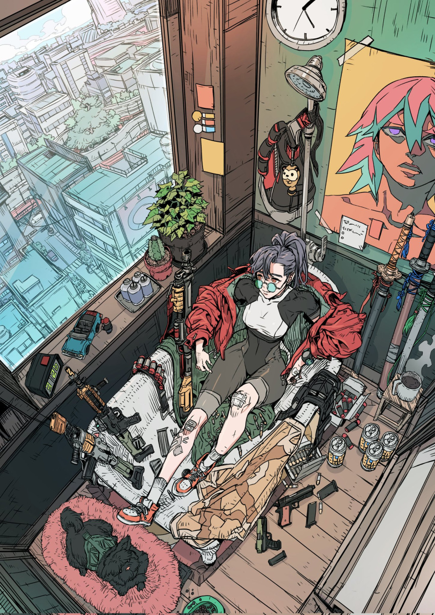 1girl bandaid bandaid_on_leg black_dog cactus can clock coat covered_navel glasses gun highres indoors leaf lmooh long_sleeves original plant poster_(object) red_coat red_eyes rifle smile solo sword weapon wide_shot window