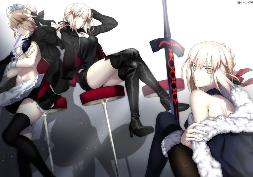 3girls absurdres apron artist_name artoria_pendragon_(alter_swimsuit_rider)_(fate) artoria_pendragon_(fate) bar_stool black_ribbon blonde_hair boots braid crossed_legs excalibur_morgan_(fate) expressionless fate/grand_order fate_(series) foo_(pixiv54892036) food french_braid fur-trimmed_legwear fur_trim grey_background hand_in_hair high_heel_boots high_heels highres jet_black_king_of_knights_ver._shinjuku_1999 looking_at_viewer maid_apron maid_headdress multicolored_ribbon multiple_girls navel off_shoulder one_eye_closed ponytail popsicle ribbon saber_alter shadow shorts shoulder_blades shoulders stool thigh-highs thigh_boots thighs twitter_username yellow_eyes