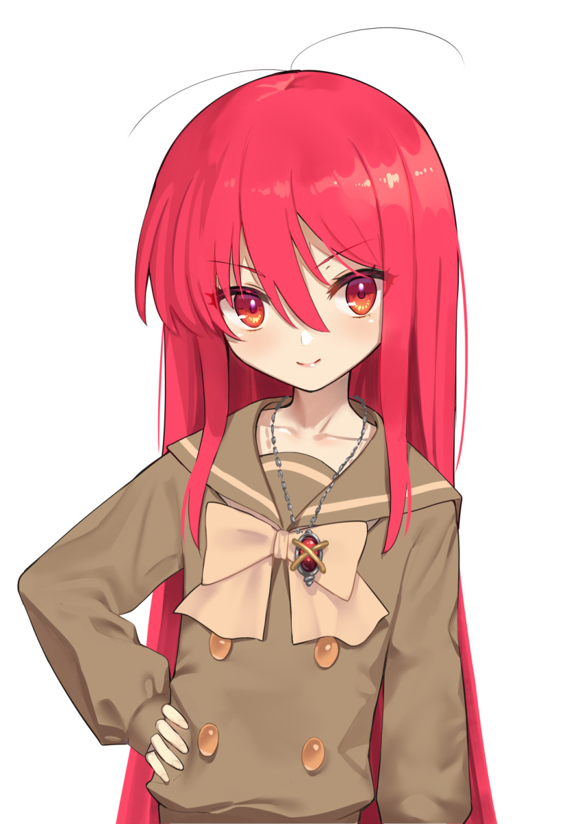 1girl alastor_(shakugan_no_shana) antenna_hair bangs beige_bow bow bowtie collarbone commentary_request eyebrows_visible_through_hair eyes_visible_through_hair hair_between_eyes hand_on_hip highres jewelry long_hair long_sleeves looking_at_viewer necklace ohlia red_eyes redhead school_uniform shakugan_no_shana shana simple_background sleeves_past_wrists smile solo upper_body very_long_hair white_background