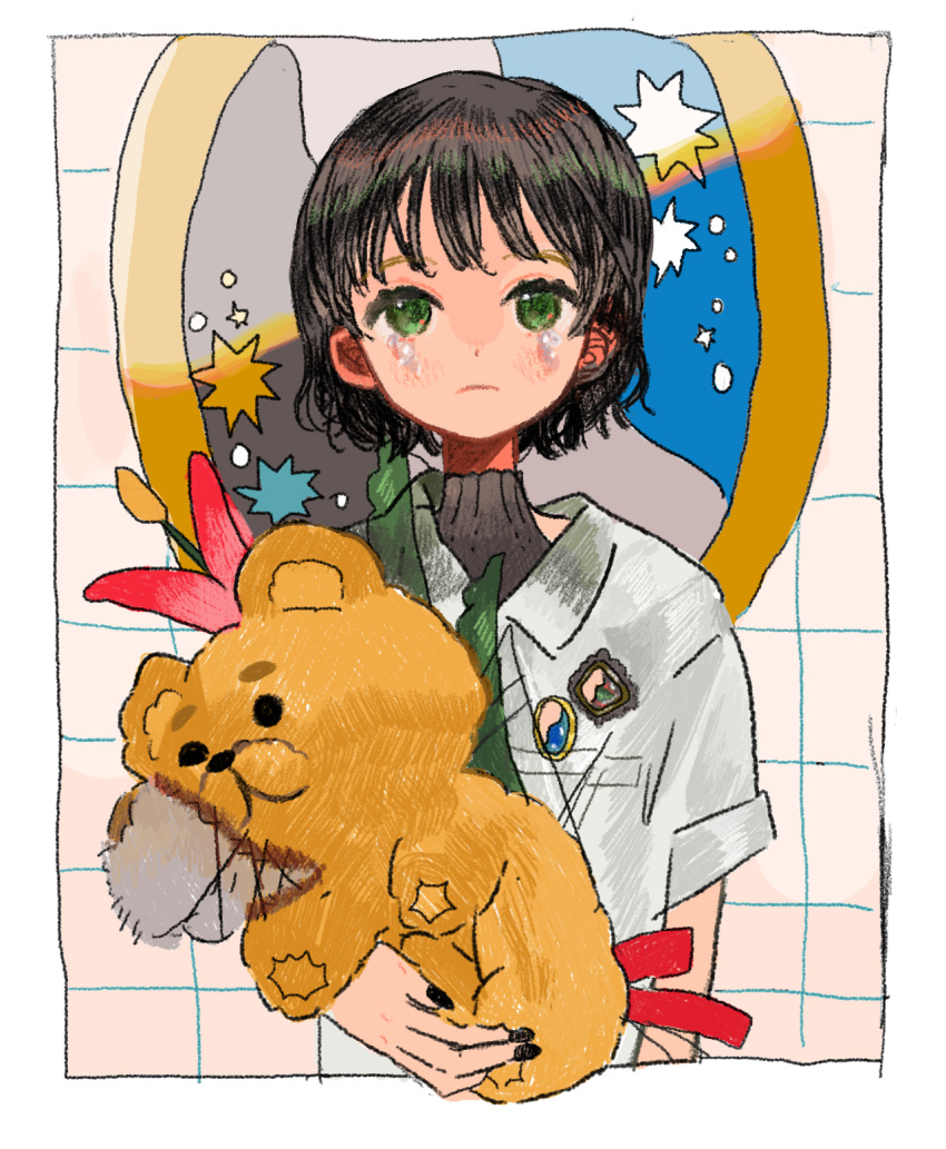 1girl black_hair black_nails black_sweater border closed_mouth commentary crying crying_with_eyes_open green_eyes highres holding holding_stuffed_toy looking_at_viewer maple_(abc2215) original sad shirt short_hair short_sleeves solo stuffed_animal stuffed_toy sweater tears teddy_bear turtleneck turtleneck_sweater upper_body white_border white_shirt