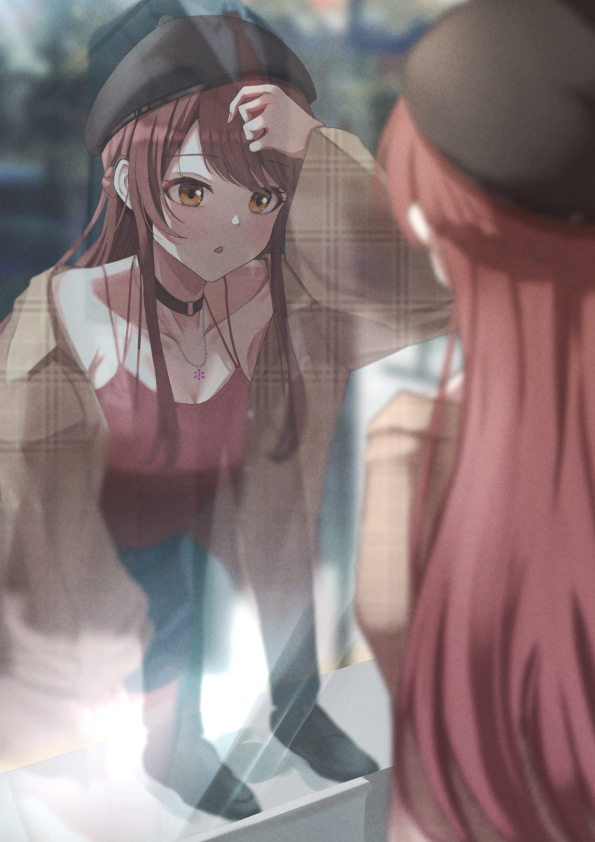 1girl absurdres adjusting_hair bangs bell beret black_choker black_headwear blue_shorts blurry blurry_foreground blush brown_shirt camisole choker collared_shirt commentary day depth_of_field hat highres idolmaster idolmaster_shiny_colors long_hair long_sleeves marishiten_(mar1sh110) neck_bell oosaki_amana open_clothes open_shirt orange_eyes parted_lips red_camisole redhead reflection shirt shorts solo standing window