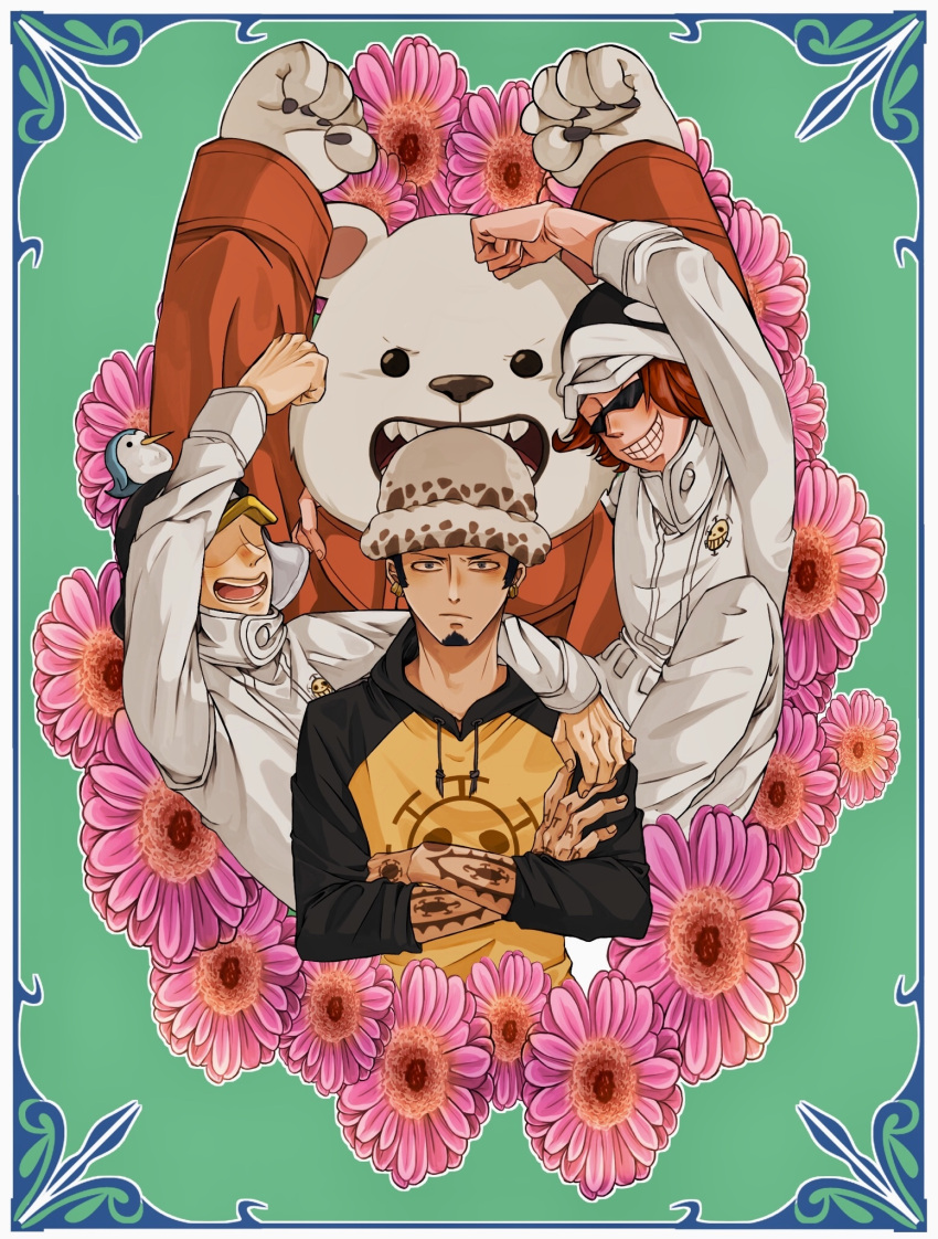 arms_up bear bepo crossed_arms facial_hair floral_background flower hat highres hood hoodie mii_(0hb625313261z2b) one_piece penguin_(one_piece) pink_flower polar_bear shachi_(one_piece) tattoo trafalgar_law uniform