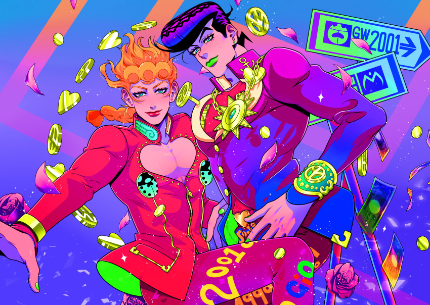 2boys blonde_hair blue_eyes bracelet braid chain_necklace diamond_wa_kudakenai gakuran giorno_giovanna green_lips higashikata_josuke highres jewelry jojo_no_kimyou_na_bouken male_focus money multiple_boys necklace purple_hair road_sign school_uniform sign tariah_furlow vento_aureo