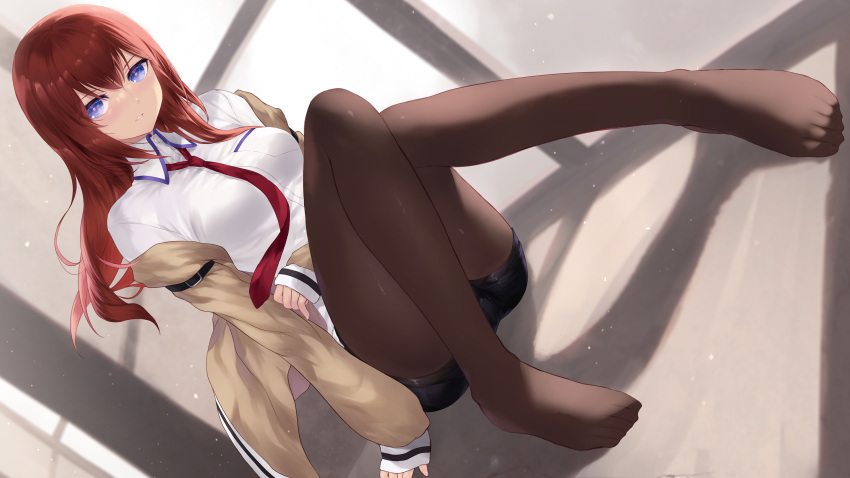 1girl absurdres bangs black_shorts blue_eyes blush breast_pocket breasts brown_jacket brown_legwear cait_aron collared_shirt commentary_request dutch_angle eyebrows_visible_through_hair highres indoors jacket knees_up legwear_under_shorts long_hair long_sleeves looking_at_viewer makise_kurisu medium_breasts necktie no_shoes off_shoulder on_floor open_clothes open_jacket pantyhose pocket red_necktie redhead shirt short_shorts shorts sleeves_past_wrists solo steins;gate white_shirt window