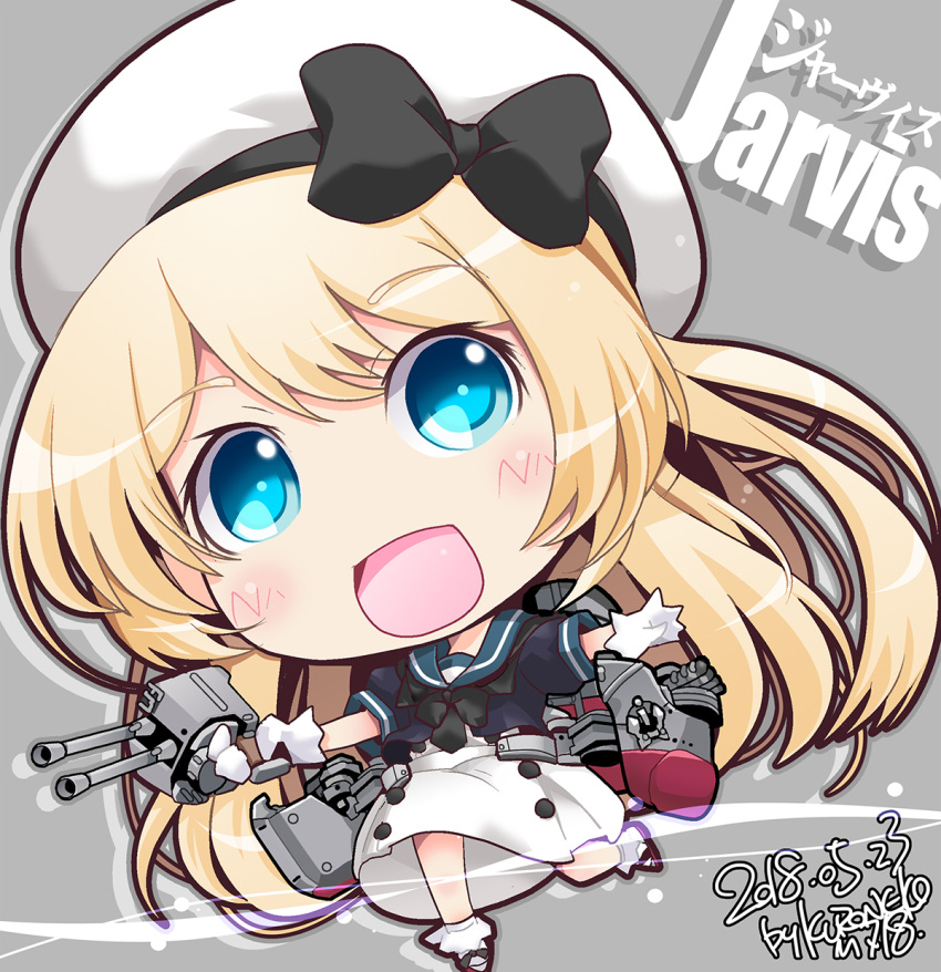 1girl adapted_turret blonde_hair blue_eyes blue_sailor_collar cannon character_name chibi dress gloves hat highres jervis_(kancolle) kantai_collection kuroneko_(kuroneko_works) rigging sailor_collar sailor_dress sailor_hat smokestack solo white_dress white_gloves white_headwear