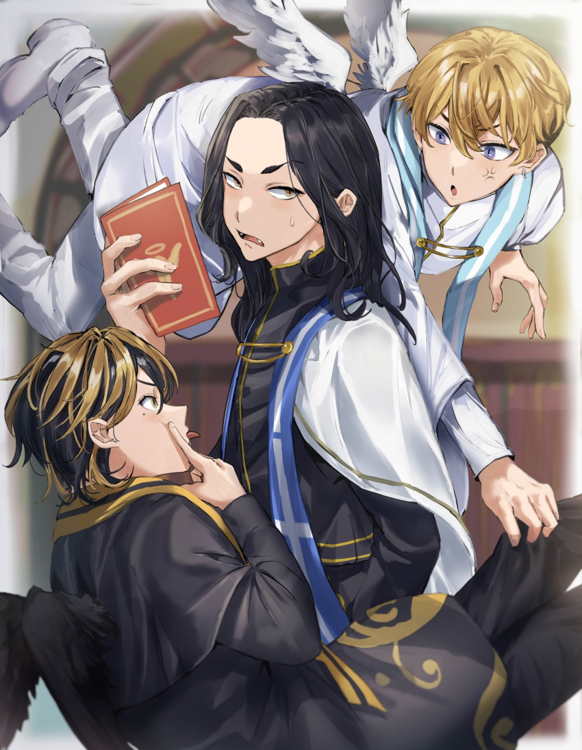3boys 58hrprtr anger_vein baji_keisuke black_hair black_jacket black_pants black_wings blonde_hair blue_eyes book capelet cowboy_shot fangs feathered_wings floating flying hand_up hanemiya_kazutora highres holding holding_book jacket long_hair long_sleeves male_focus matsuno_chifuyu mole mole_under_eye multicolored_hair multiple_boys open_mouth pants priest shoes standing sweatdrop tokyo_revengers tongue tongue_out two-tone_hair undercut v-shaped_eyebrows white_capelet white_footwear white_jacket white_pants white_wings wings yellow_eyes