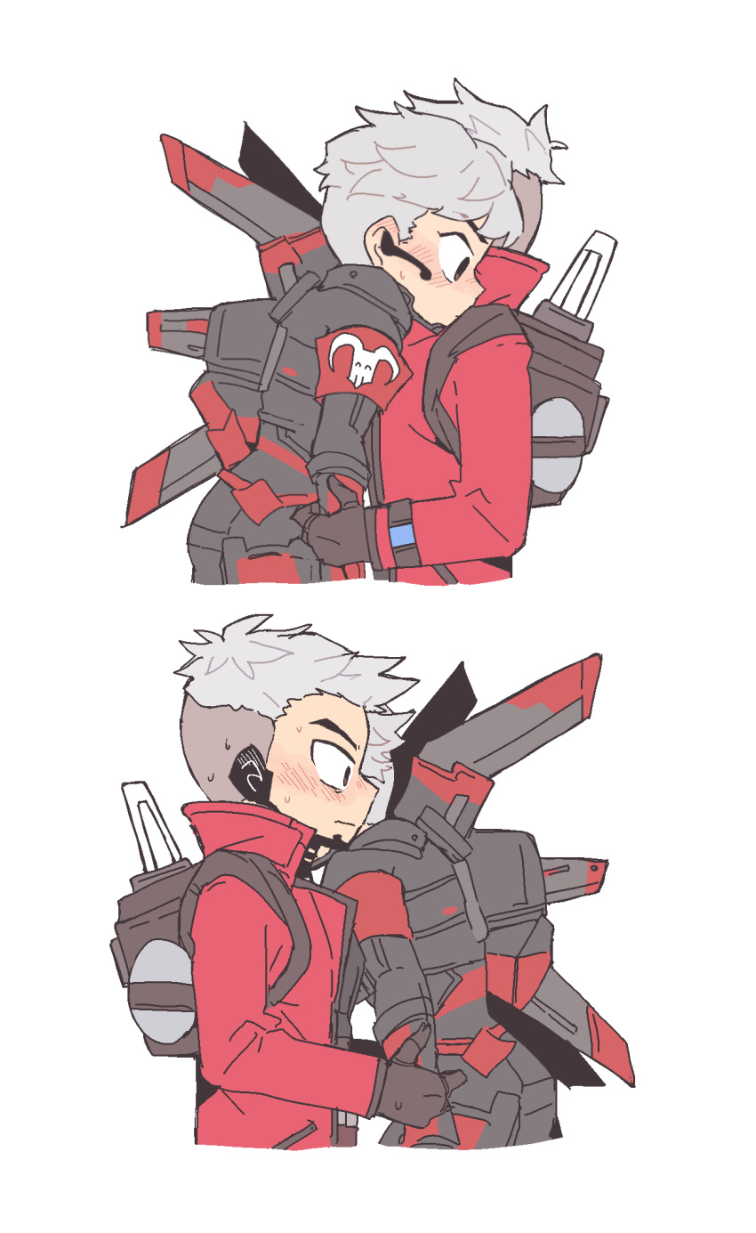 1boy 1girl apex_legends black_gloves blush brown_eyes crypto_(apex_legends) devil's_advocate_crypto embarrassed from_side gloves grey_hair headset highres hug jacket nojima_minami official_alternate_costume red_jacket short_hair surprised undercut valkyrie_(apex_legends) white_background