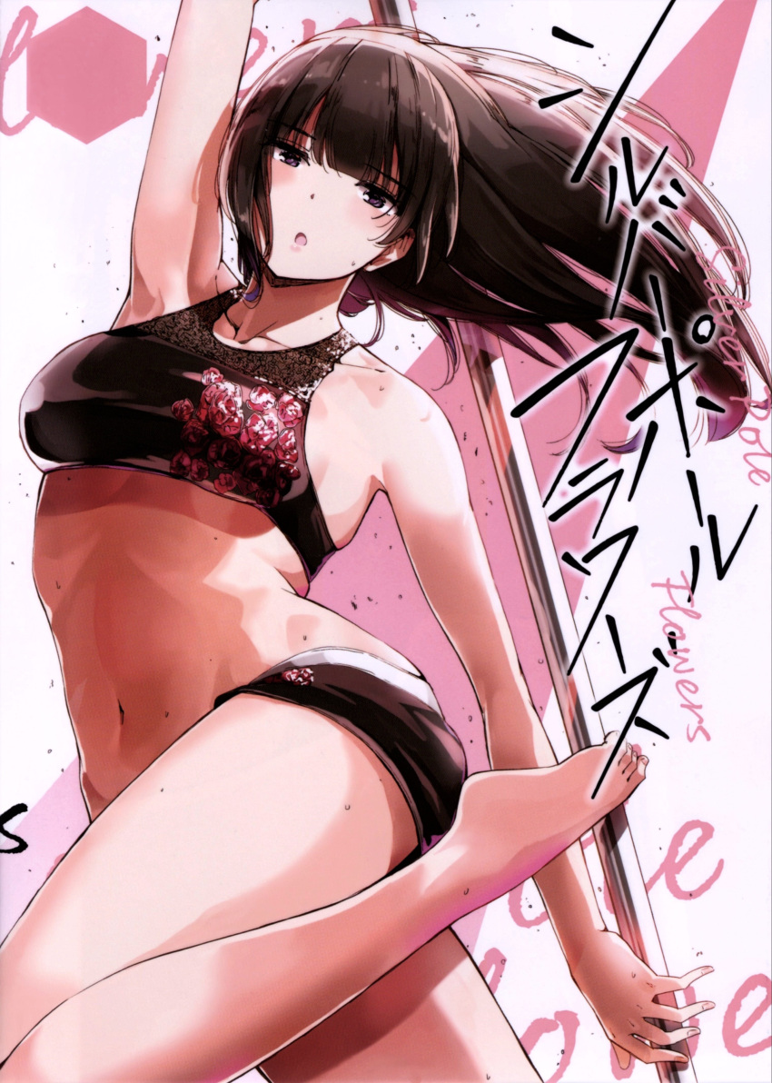 1girl absurdres arms_behind_back arms_up barefoot blush bra brown_eyes brown_hair cover cover_page dancing highres lingerie long_hair manga_cover nyoijizai open_mouth scan silver_pole_flowers solo underwear