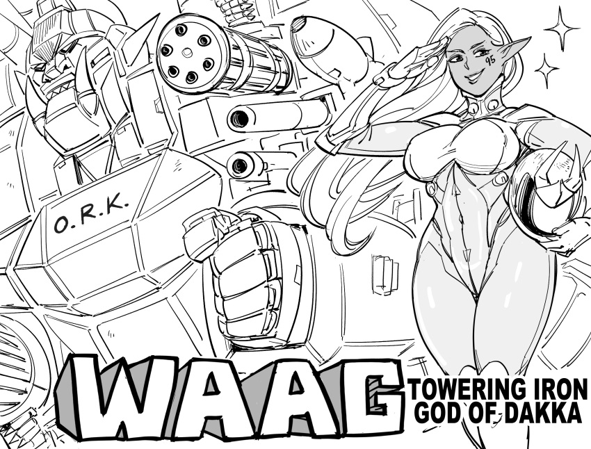 1girl bb_(baalbuddy) bodysuit breasts commentary covered_navel dark_elf elf english_commentary english_text facial_tattoo gloves greyscale gun hand_up helmet highres holding holding_helmet large_breasts long_hair looking_at_viewer machine_gun mecha missile monochrome orc original parody pilot_suit pointy_ears projected_inset salute simple_background smile smug solo sparkle standing tattoo weapon white_background