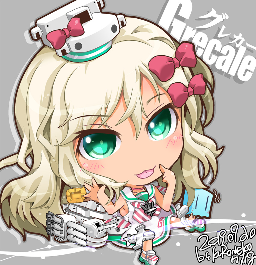 1girl blonde_hair bow cannon character_name chibi dress grecale_(kancolle) green_eyes hair_bow highres kantai_collection kuroneko_(kuroneko_works) long_hair low-cut_armhole multiple_hair_bows neckerchief pink_bow rigging sailor_collar sailor_dress side-tie_dress sleeveless sleeveless_dress solo striped_neckerchief tongue tongue_out torpedo_tubes turret wavy_hair white_dress white_sailor_collar