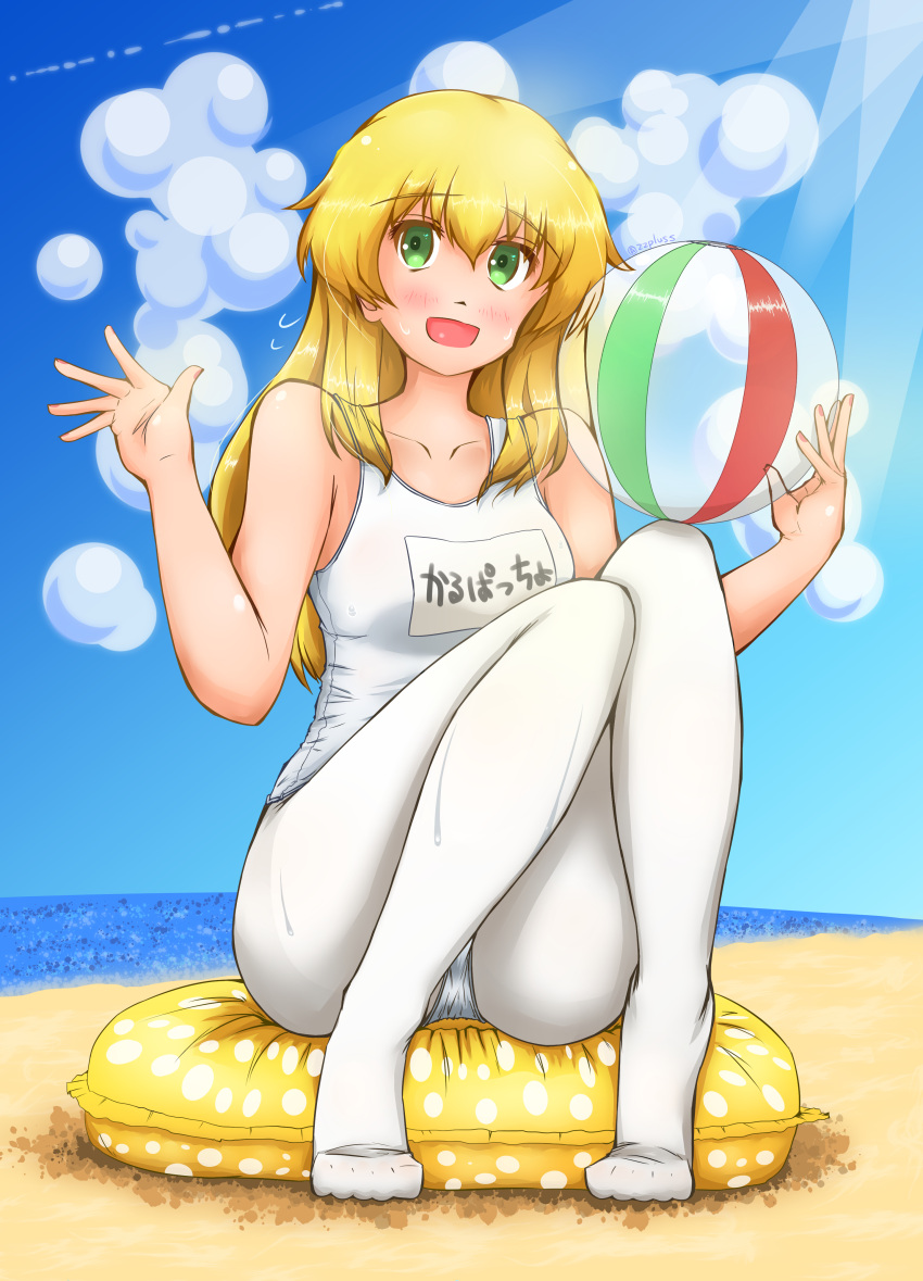 1girl absurdres alternate_costume ball bangs beach beachball blonde_hair blue_sky blush carpaccio_(girls_und_panzer) character_name clouds cloudy_sky commentary commentary_request eyebrows_visible_through_hair flying_sweatdrops girls_und_panzer green_eyes highres holding holding_ball horizon innertube long_hair looking_at_viewer name_tag ocean open_mouth pantyhose partial_commentary school_swimsuit sitting sky smile solo swimsuit waving white_legwear white_swimsuit zetto-plus
