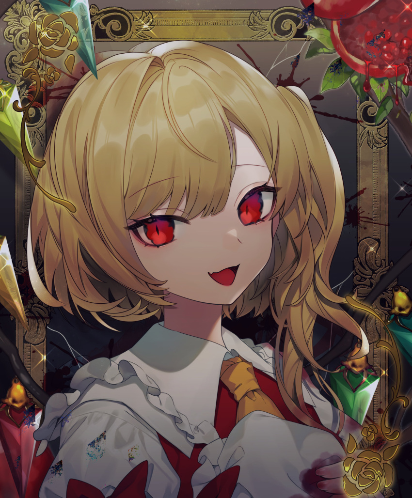 absurdres ascot bangs blonde_hair blood blood_on_clothes bow commentary_request crystal daimaou_ruaeru eyebrows_visible_through_hair flandre_scarlet floral_print food fruit hat hat_removed headwear_removed highres holding_head looking_at_viewer one_side_up open_mouth picture_frame pomegranate red_bow red_eyes red_vest rose_print shirt short_hair_with_long_locks smile touhou upper_body vest white_shirt wings yellow_ascot
