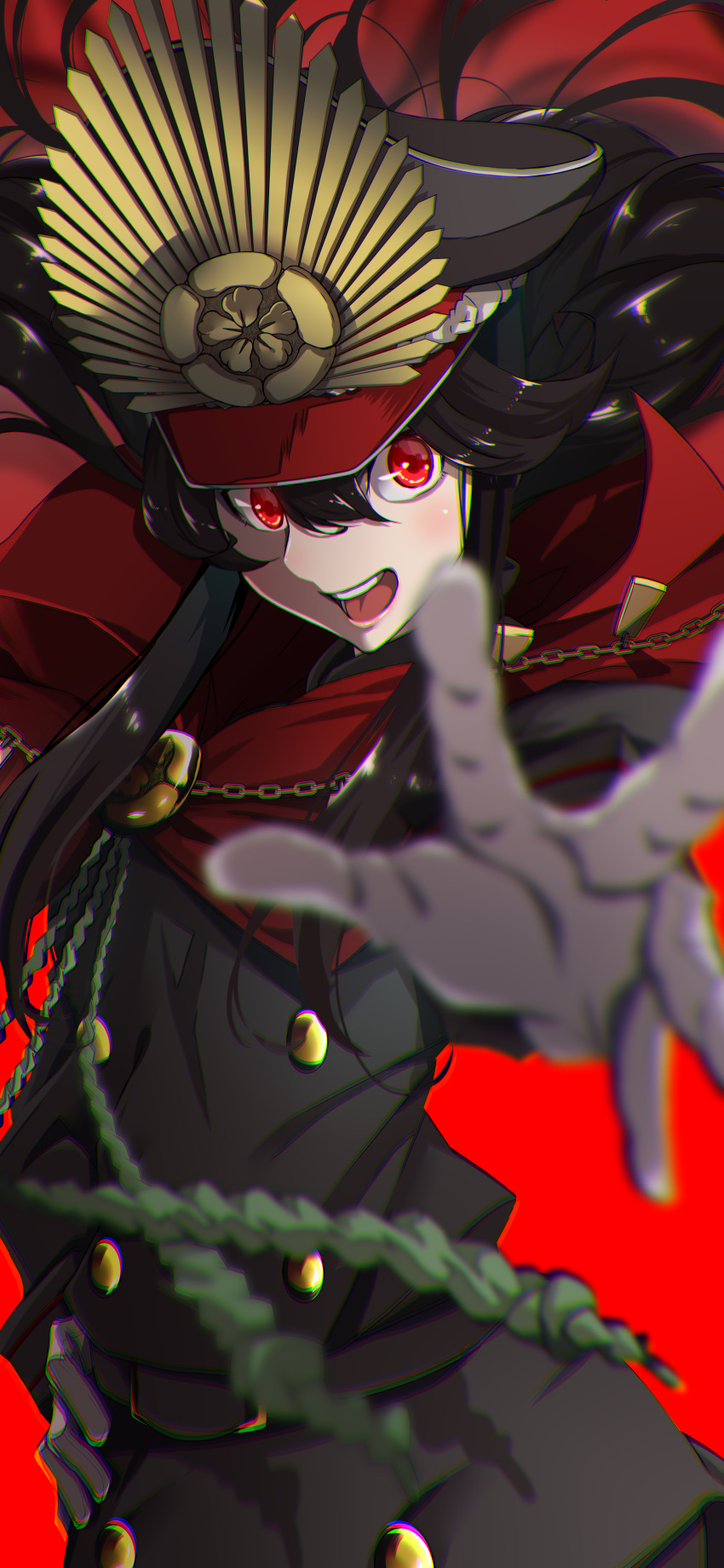 1girl absurdres bangs black_hair black_headwear blurry blurry_foreground buttons chain chromatic_aberration fate/grand_order fate_(series) gloves gold_chain hair_between_eyes hand_on_hip hat highres koha-ace long_hair military military_hat military_uniform oda_nobunaga_(fate) oda_nobunaga_(koha/ace) oda_uri open_mouth outstretched_arm pakotaroh peaked_cap red_background red_eyes sidelocks simple_background solo teeth uniform white_gloves