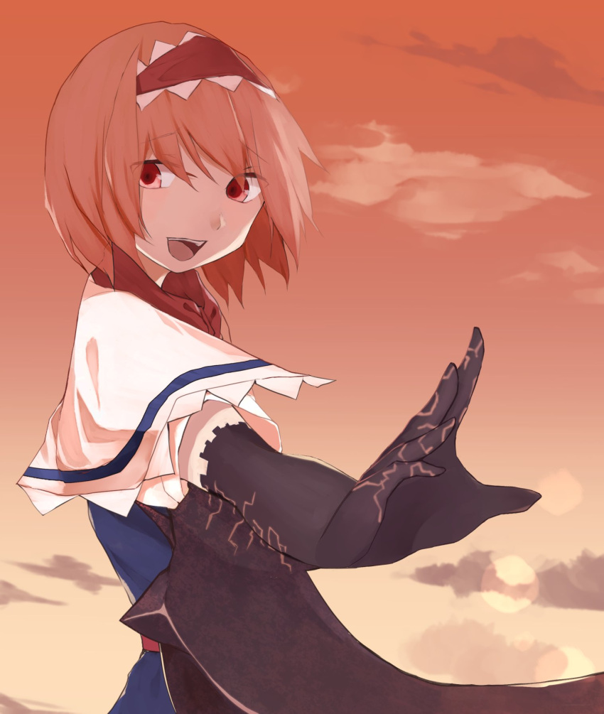 1girl alice_margatroid bangs blue_dress bois_de_justice capelet clouds cookie_(touhou) cowboy_shot dies_irae dress eyebrows_visible_through_hair eyes_visible_through_hair frilled_capelet frilled_hairband frills gradient_sky hair_between_eyes hairband highres hinase_(cookie) looking_at_viewer looking_to_the_side open_mouth orange_hair orange_sky reaching_out red_eyes red_hairband red_sash rizeass sash shinza_bansho_series short_hair sky smile solo touhou white_capelet