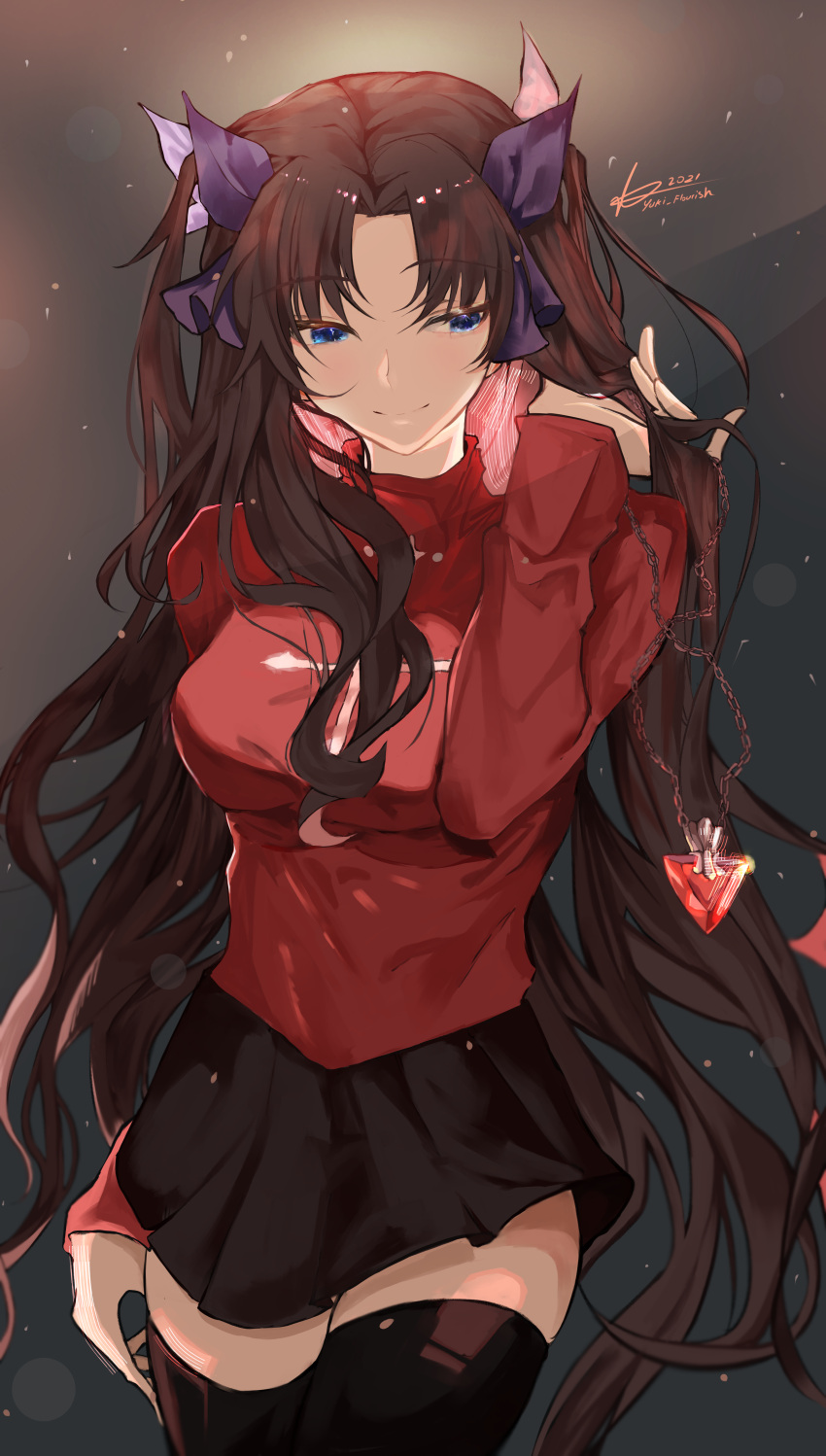 1girl absurdres arm_at_side artist_name black_legwear black_skirt breasts brown_hair fate/grand_order fate/stay_night fate_(series) grey_background hand_in_hair highres jewelry large_breasts long_hair looking_at_viewer necklace painterly pixiv_fate/grand_order_contest_1 purple_ribbon red_sweater ribbon skirt smile solo sweater thigh-highs tohsaka_rin turtleneck two_side_up very_long_hair yuki_flourish zettai_ryouiki