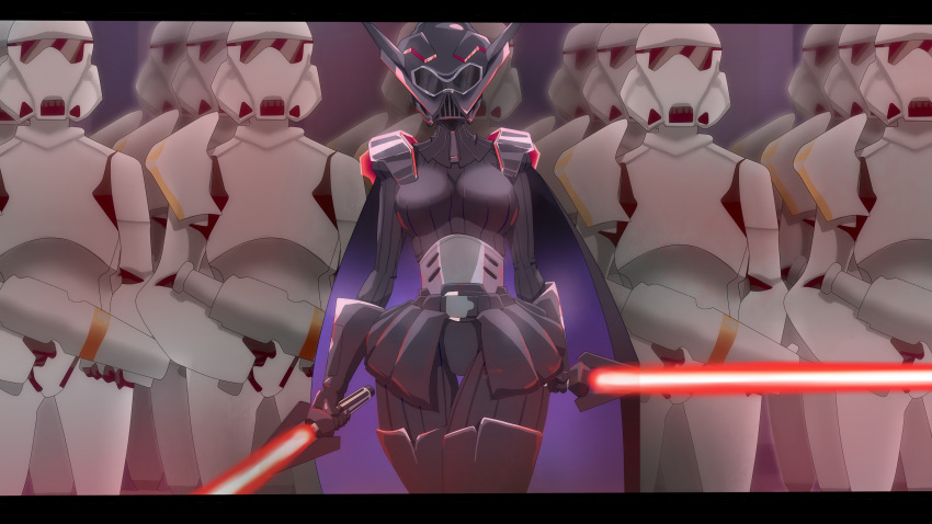 1girl absurdres am_(star_wars) amarenafallen boots breasts cape dual_wielding energy_sword helmet highres holding letterboxed lightsaber medium_breasts pilot_suit purple_cape sith skin_tight solo star_wars star_wars_manga stormtrooper sword thigh-highs thigh_boots thigh_gap thighs tiara trigger_(company) walking weapon