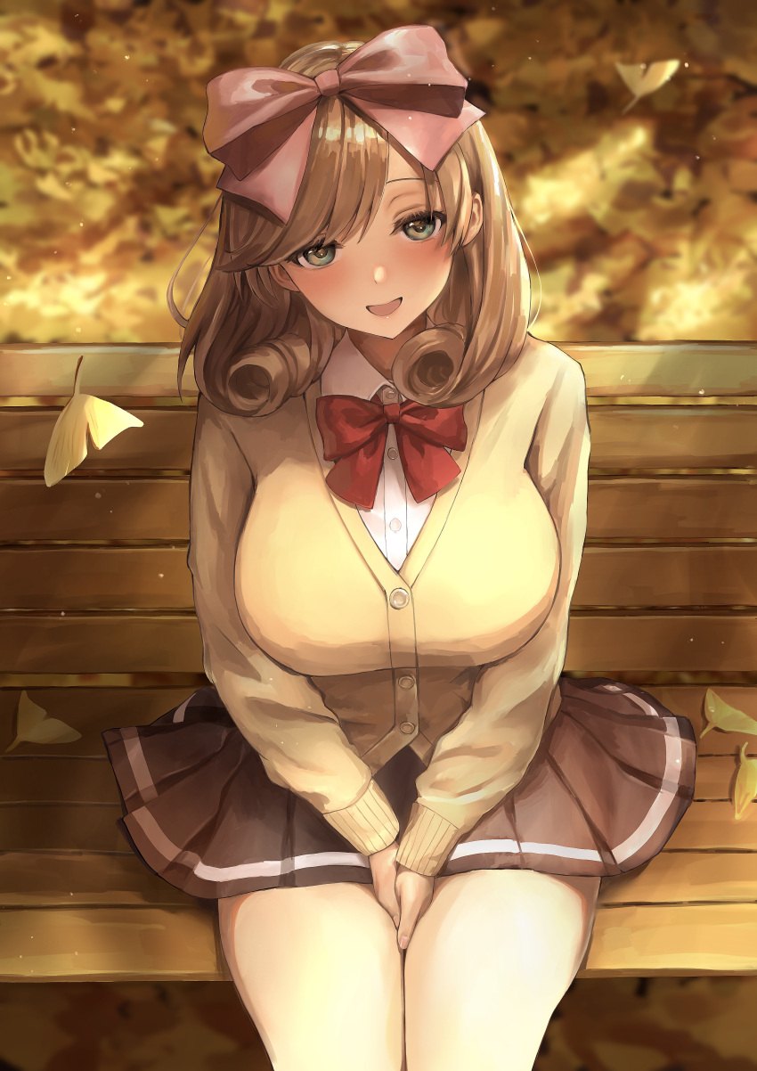 1girl :d absurdres bangs bench between_legs black_skirt blonde_hair bow breasts buttons commentary_request curly_hair ginkgo green_eyes hair_bow half-closed_eyes hand_between_legs haruka_(senran_kagura) highres lemonrou long_sleeves looking_at_viewer pink_bow red_bow red_neckwear senran_kagura sitting skirt smile solo sweater swept_bangs thighs yellow_sweater