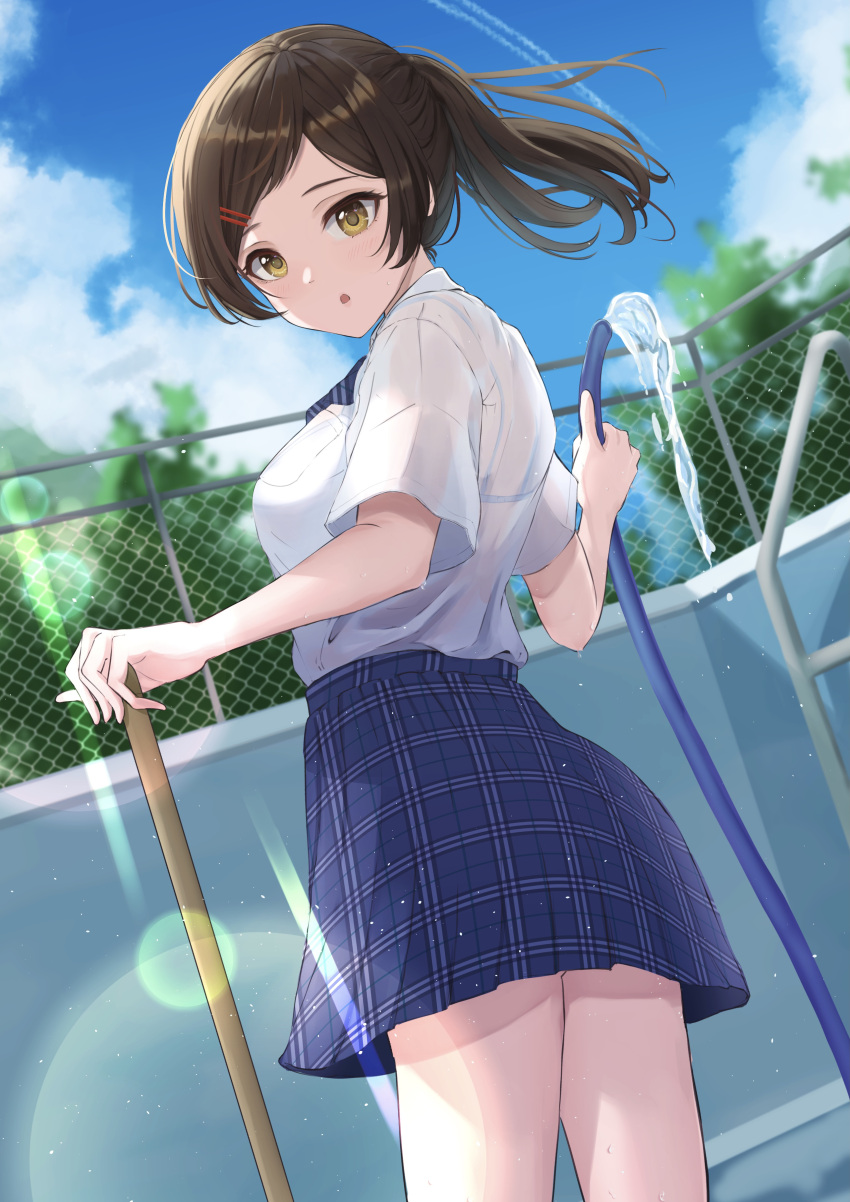 1girl absurdres bangs blue_skirt blue_sky broom brown_hair chain-link_fence clouds cloudy_sky commentary contrail cowboy_shot dress_shirt dutch_angle fence from_behind hair_ornament hairclip highres holding holding_broom holding_hose hose idolmaster idolmaster_million_live! kitazawa_shiho lens_flare long_hair looking_at_viewer looking_back marishiten_(mar1sh110) medium_hair miniskirt parted_lips pleated_skirt ponytail pool school_uniform shirt short_hair skirt sky solo standing swept_bangs white_shirt wind yellow_eyes
