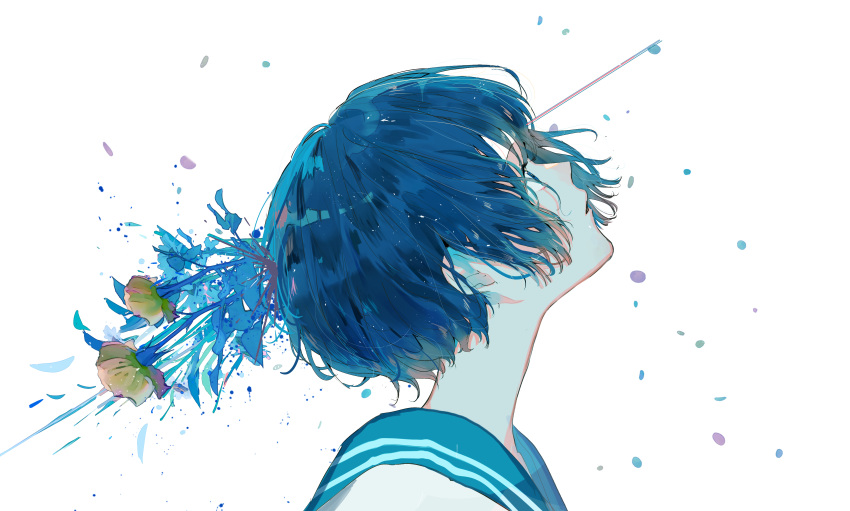 1girl absurdres bangs blue_eyes blue_hair blue_sailor_collar bob_cut commentary_request eyebrows_visible_through_hair face flower hagimorijia highres leaf looking_away looking_up messy_hair original parted_lips petals sailor_collar short_hair solo splatter white_background yellow_flower