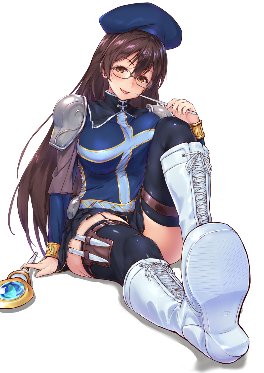 1girl armor beret black_legwear black_skirt blue_headwear blue_shirt boots brown_eyes brown_hair cross-laced_footwear glasses hair_between_eyes hat highres knee_boots knife lace-up_boots long_hair long_sleeves looking_at_viewer open_mouth original scepter shirt shoe_soles shoulder_armor sitting skirt smile solo thigh-highs thighhighs_under_boots toriatto_gununu white_background white_footwear
