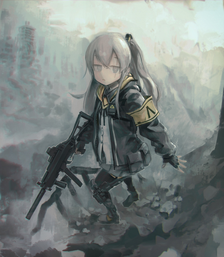 1girl armband bangs black_gloves black_legwear black_skirt building day fingerless_gloves girls_frontline gloves grey_eyes grey_hair gun highres holding holding_gun holding_weapon hood hood_down hooded_jacket jacket knee_pads long_hair long_sleeves looking_at_viewer one_side_up open_clothes open_jacket outdoors pantyhose parted_lips pouch rubble scar scar_across_eye shirt skirt solo submachine_gun ump45_(girls'_frontline) weapon yasushi