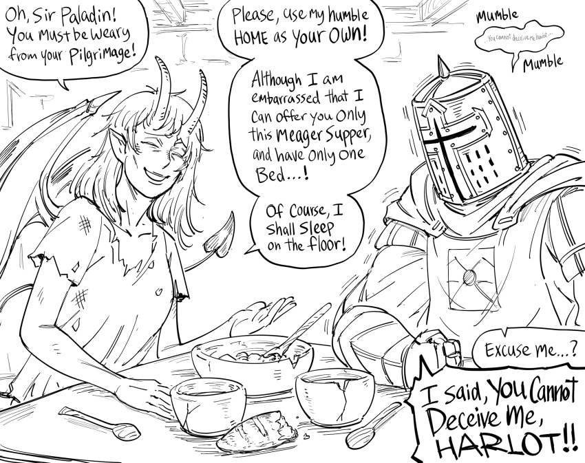 1boy 1girl :d armor bb_(baalbuddy) bowl bread closed_eyes commentary demon_horns demon_tail demon_wings english_commentary english_text food full_armor greyscale highres horns impoverished_succubus_(baalbuddy) knight monochrome original plate_armor rags smile spoon tabard tail wings