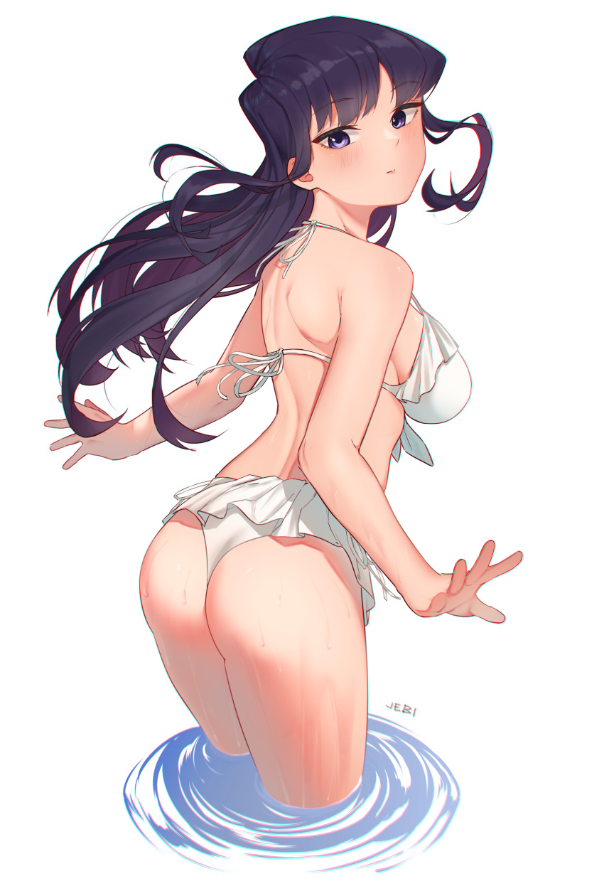 1girl absurdres ass ass_visible_through_thighs bikini black_eyes black_hair from_behind highres jebi komi-san_wa_komyushou_desu komi_shouko leaning_forward long_hair looking_at_viewer looking_back simple_background soaking_feet solo standing swimsuit white_background white_bikini