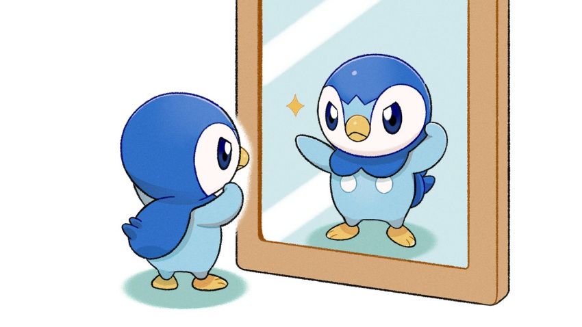 :&lt; blue_eyes closed_mouth commentary_request flexing mirror official_art piplup pokemon pose project_pochama reflection sparkle standing toes white_background