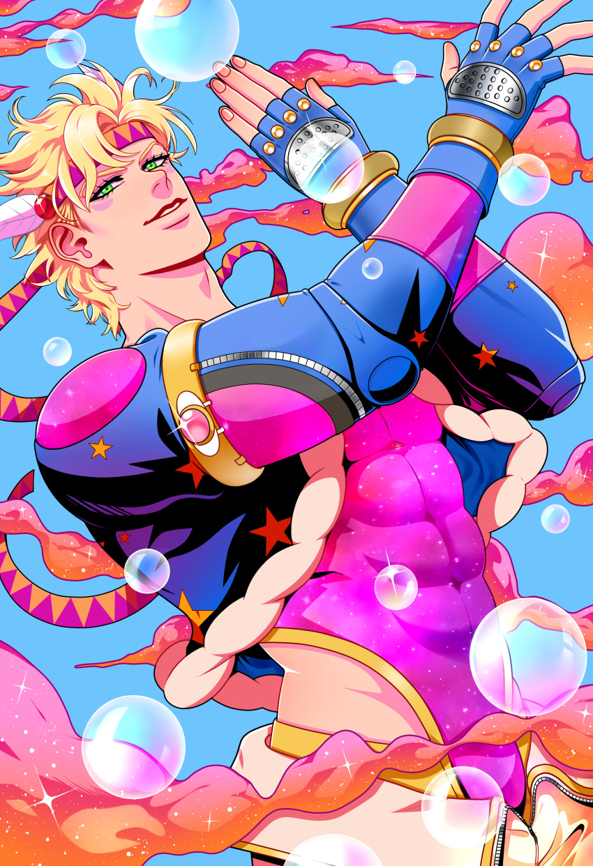 1boy abs absurdres blonde_hair bubble caesar_anthonio_zeppeli clouds cropped_jacket facial_mark feather_hair_ornament feathers fingerless_gloves gloves green_eyes hair_ornament headband highres jojo_no_kimyou_na_bouken leotard male_focus sky solo tariah_furlow tight