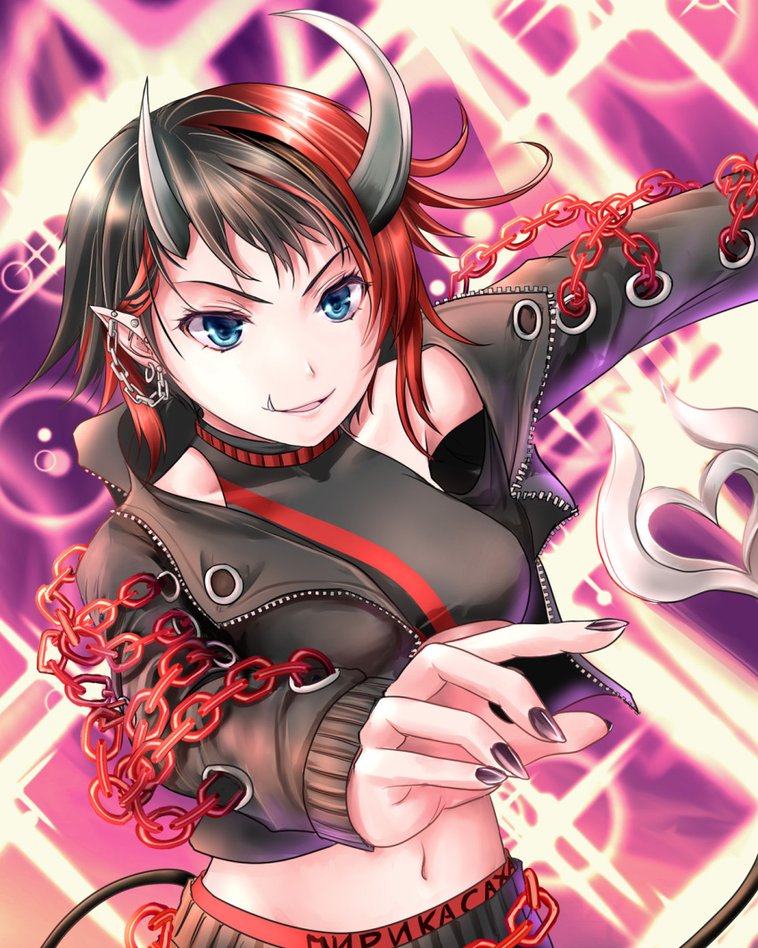 1girl bangs black_hair black_jacket black_nails black_pants black_sports_bra blue_eyes breasts chain commentary_request cowboy_shot cropped_jacket demon_girl demon_horns demon_tail highres horns jacket large_breasts looking_at_viewer midriff multicolored_hair nail_polish navel open_clothes open_jacket open_mouth pants pointy_ears purple_background red_pants red_sports_bra redhead ryugasaki_rene short_hair solo sparkle sports_bra sugar_lyric tail two-tone_hair two-tone_pants under_boob virtual_youtuber yuki_shuuka zipper