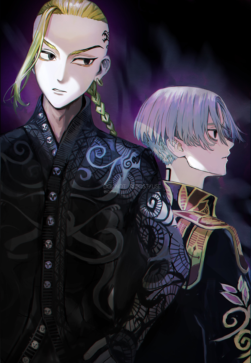 2boys absurdres bangs black_eyes black_jacket blonde_hair braid braided_ponytail cowboy_shot earrings empty_eyes highres jacket jewelry long_hair long_sleeves looking_away lumian_(user_lomen) male_focus multiple_boys parted_lips profile purple_background ryuuguuji_ken sano_manjirou short_hair single_braid single_earring standing tattoo tokyo_revengers tsurime white_hair