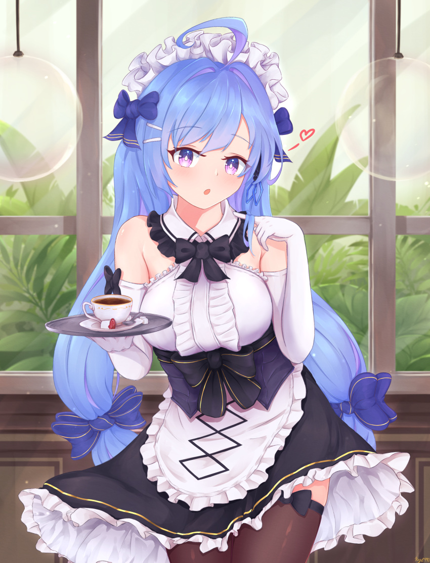 1girl absurdres ahoge alternate_costume alternate_hairstyle apron azur_lane bangs blue_bow blue_hair bow center_frills cup dress elbow_gloves english_commentary enmaided eyebrows_visible_through_hair frills gloves hair_bow hair_intakes heart helena_(azur_lane) highres holding holding_tray indoors kyl490 leaning_forward long_hair looking_at_viewer low_twintails maid plant ribbon_legwear sleeveless sleeveless_dress solo spoken_heart spoon standing sugar_cube swept_bangs tea teacup thigh-highs tray twintails violet_eyes waist_apron window