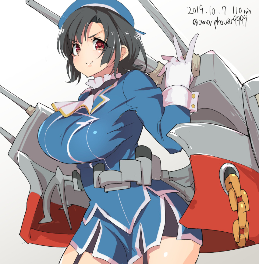 1girl amorphous9999 arm_under_breasts bangs beret black_gloves black_hair blue_headwear breasts closed_mouth gloves grey_background hat high_collar highres kantai_collection large_breasts military military_uniform red_eyes short_hair takao_(kantai_collection) uniform white_neckwear
