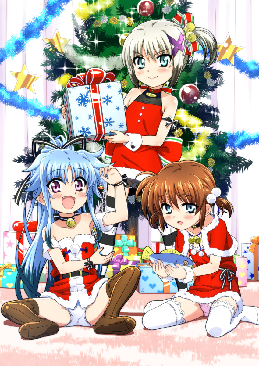 3girls :d absurdres alternate_hairstyle aqua_eyes arm_ribbon armband back_bow bangs bare_shoulders bell black_choker black_hair black_legwear black_ribbon blue_eyes blue_hair blue_panties blush bow brown_hair capelet choker christmas christmas_ornaments christmas_tree closed_mouth commentary_request crotch_seam dearche_kings_claudia dress eyebrows_visible_through_hair fang fish fur-trimmed_capelet fur-trimmed_dress fur_trim garland_(decoration) gift hair_bell hair_bobbles hair_ornament hair_ribbon hair_up halter_dress halterneck heart heart_print highres holding holding_gift indoors jewelry jewelry_removed large_bow leaning_forward levi_russel long_hair looking_at_viewer low_twintails lyrical_nanoha mahou_shoujo_lyrical_nanoha_innocent miyajima_hitoshi multicolored_hair multiple_girls neck_bell necklace necklace_removed on_floor open_mouth panties pantyshot pink_panties ponytail red_bow red_capelet red_dress ribbon santa_dress short_dress short_hair sidelocks silver_hair sitting smile snowflake_print sparkle spread_legs standing star_ornament stern_starks strapless strapless_dress striped striped_legwear thigh-highs twintails two-tone_hair underwear violet_eyes wariza white_legwear wrist_cuffs x_hair_ornament