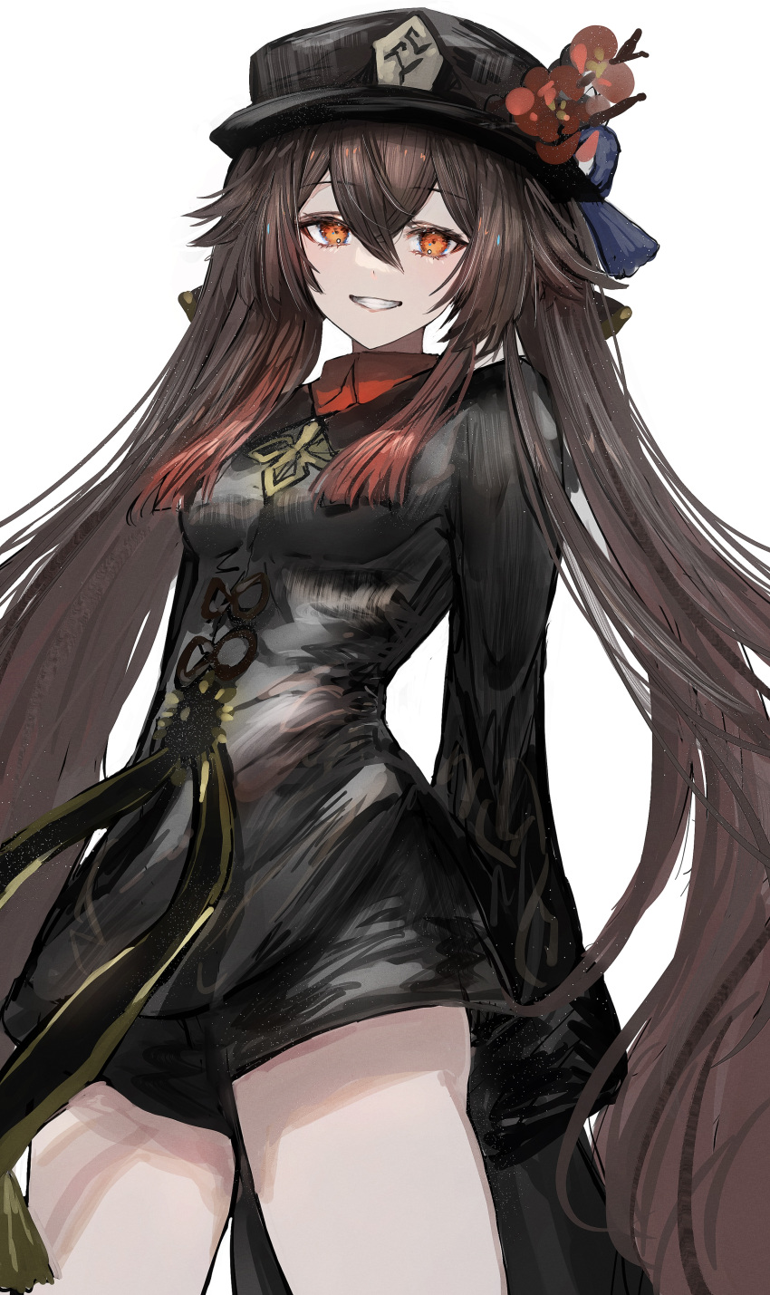1girl absurdres black_coat black_headwear black_shorts breasts brown_hair coat collared_shirt commentary_request cowboy_shot eyebrows_visible_through_hair flower genshin_impact grin hair_between_eyes hat hat_flower highres hu_tao_(genshin_impact) long_hair looking_at_viewer nanaponi red_eyes red_shirt shirt shorts sleeves_past_wrists small_breasts smile solo twintails white_background