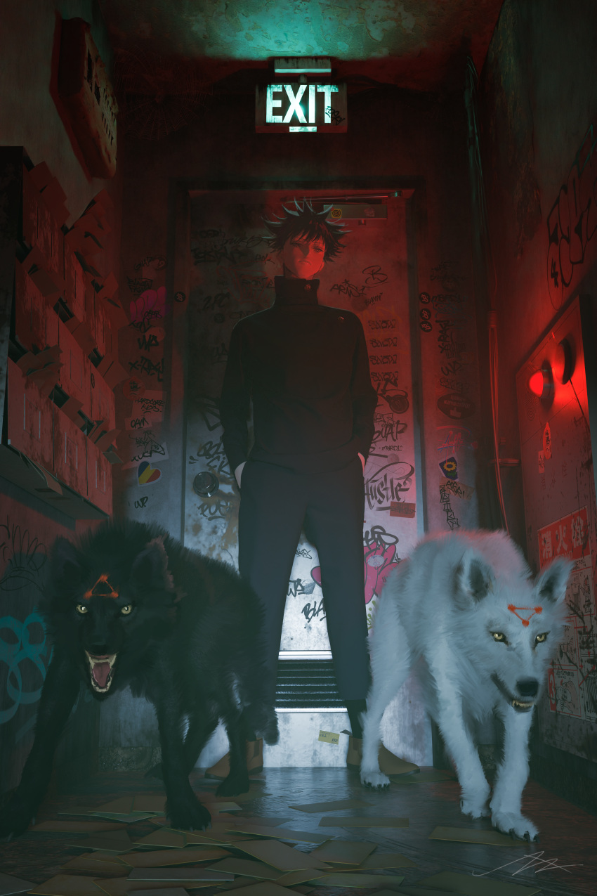 1boy absurdres animal bangs black_hair black_jacket black_pants brown_footwear closed_mouth dog door exit_sign full_body fushiguro_megumi graffiti hands_in_pockets high_collar highres indoors jacket jujutsu_kaisen long_sleeves looking_at_viewer male_focus nazumu_(user_jnse8833) pants shoes short_hair solo spiky_hair standing