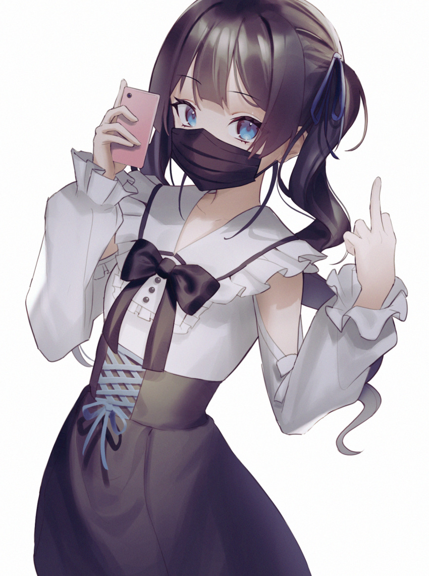 1girl bangs black_bow black_bowtie black_skirt blue_eyes bow bowtie commentary_request eyebrows_visible_through_hair frilled_sailor_collar frills hair_ribbon high-waist_skirt highres holding holding_phone long_hair long_sleeves looking_at_viewer mask middle_finger mouth_mask nijisanji phone ribbon sailor_collar shirt simple_background skirt solo standing tsukino_mito twintails virtual_youtuber white_background white_sailor_collar white_shirt yaye