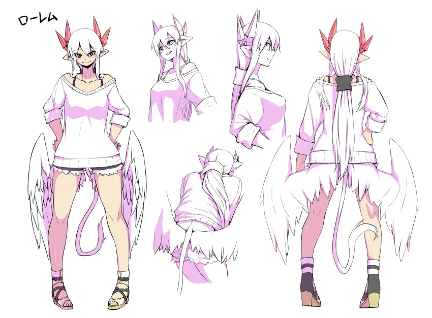 1girl ass bra_strap breasts character_name character_sheet commentary_request demon_girl demon_horns demon_tail denim denim_shorts feathered_wings full_body highres horns large_breasts long_hair lorem_(mazohaha) low_wings multiple_views musuko_ga_kawaikute_shikatanai_mazoku_no_hahaoya pointy_ears red_eyes sandals shirt shorts sidelocks sleeves_rolled_up smile tail tied_hair white_background white_hair white_shirt white_tail white_wings wings zyugoya