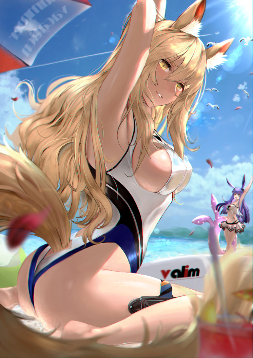 2girls animal_ears arknights arm_up armpits artist_name ass bare_legs barefoot beach beach_umbrella bird blonde_hair blue_sky blurry blurry_foreground blush breasts clouds cloudy_sky commentary competition_swimsuit cup day drink eyebrows_visible_through_hair full_body hair_between_eyes highres holster horse_ears horse_girl horse_tail innertube large_breasts lens_flare long_hair looking_at_viewer multiple_girls nearl_(arknights) nearl_(shimmering_dew)_(arknights) ocean official_alternate_costume one-piece_swimsuit outdoors parted_lips petals polka_dot purple_hair rabbit_ears rope_(arknights) rope_(summer_flowers)_(arknights) sideboob sitting sky smile solo_focus sunlight surfboard swimsuit tail thigh_holster thigh_strap thighs umbrella valim wariza wavy_hair white_swimsuit yellow_eyes