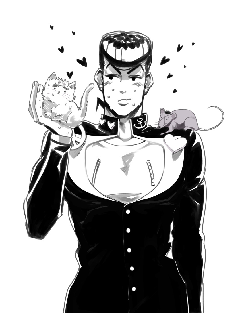 1boy animalization blush cat diamond_wa_kudakenai dollar_sign gakuran heart higashikata_josuke highres hirose_koichi jojo_no_kimyou_na_bouken kitten monochrome mouse nijimura_okuyasu peace_symbol pompadour school_uniform sweat tariah_furlow