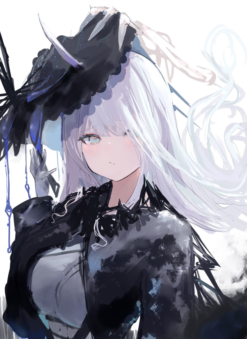 1girl :/ bangs blue_eyes blunt_bangs expressionless floating_hair gloves hair_over_one_eye hand_up hat highres long_hair looking_at_viewer original silver_hair simple_background solo tilted_headwear upper_body white_background yu-dachi