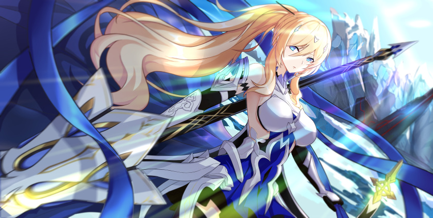 1girl absurdres alternate_hairstyle armor armored_boots armored_dress bangs bare_shoulders bianka_durandal_ataegina bianka_durandal_ataegina_(bright_knight:_excelsis) blonde_hair blue_eyes blue_sky boots breasts bupa_chila closed_mouth dress gauntlets hair_ornament highres holding holding_polearm holding_weapon honkai_(series) honkai_impact_3rd huge_breasts long_hair looking_at_viewer polearm ponytail sky sleeveless sleeveless_dress solo spear strapless strapless_dress sunlight weapon