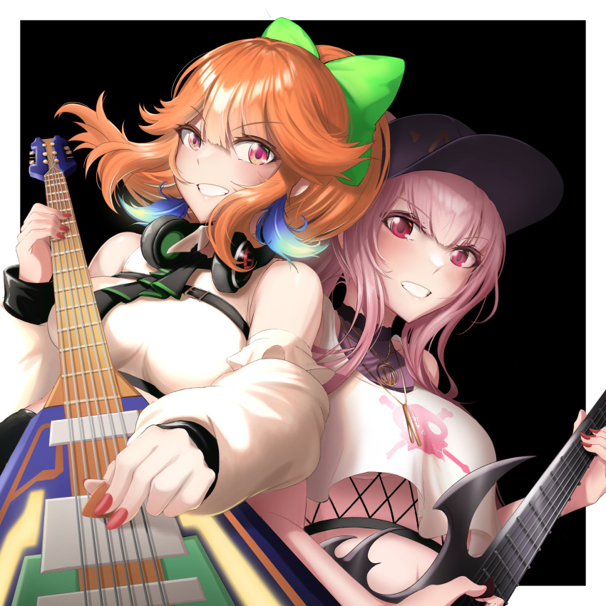 2girls absurdres cleroviprimo earrings electric_guitar eyebrows_visible_through_hair feather_earrings feathers gradient_hair guitar hair_through_headwear highres holding holding_instrument hololive hololive_english instrument jewelry looking_at_viewer mori_calliope multicolored_hair multiple_girls music official_alternate_costume orange_hair pink_hair playing_instrument ponytail takanashi_kiara virtual_youtuber yuri