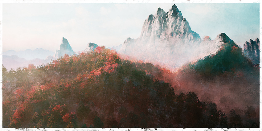 absurdres autumn_leaves border clouds day fog forest highres hisamesy leaf mountain mountainous_horizon mountaintop nature no_humans original outdoors scenery shadow sky snow sunlight tree white_border