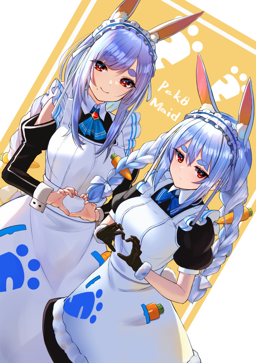 2girls alternate_costume animal_ear_fluff animal_ears apron ascot bangs black_dress black_gloves blue_ascot blue_bow blue_bowtie blue_hair bow bowtie braid bunny-shaped_pupils closed_mouth commentary_request dress enmaided eyebrows_visible_through_hair frilled_hairband frills gloves hairband heart heart_hands highres hololive inari_(ambercrown) juliet_sleeves long_hair long_sleeves looking_at_viewer maid mole mole_under_mouth multiple_girls pekomama puffy_short_sleeves puffy_sleeves rabbit_ears red_eyes short_eyebrows short_sleeves smile symbol-shaped_pupils thick_eyebrows twin_braids twintails usada_pekora white_apron