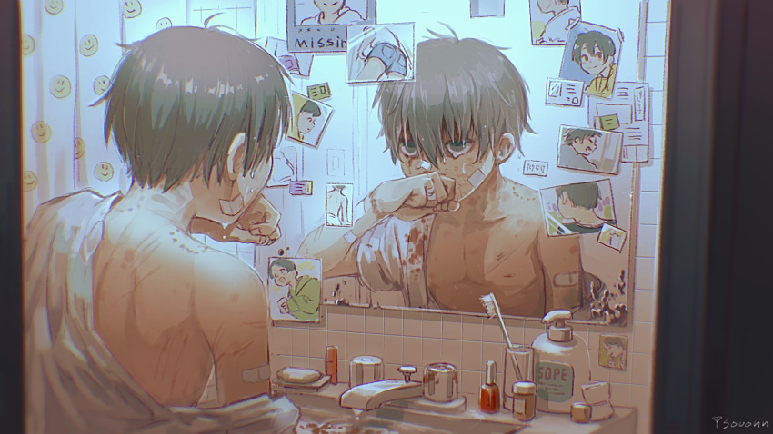 1boy bare_pectorals bare_shoulders bath bite_mark blood brown_hair commentary_request commission highres indoors looking_at_mirror male_focus mirror one_hour_photo original pectorals reflection scar short_hair sink skeb_commission souonnbox tearing_up toothbrush